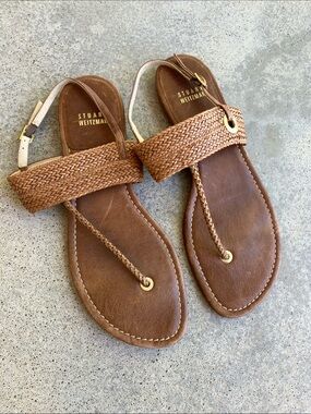 Stuart Weitzman Brown Leather Flat Sandals, 8.5